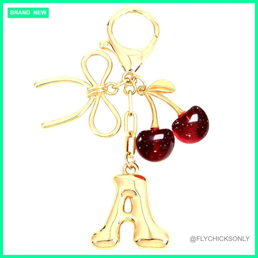 Gold Plated Initial Keychain Charm with Bow Cherry for Bags Purse Accessory